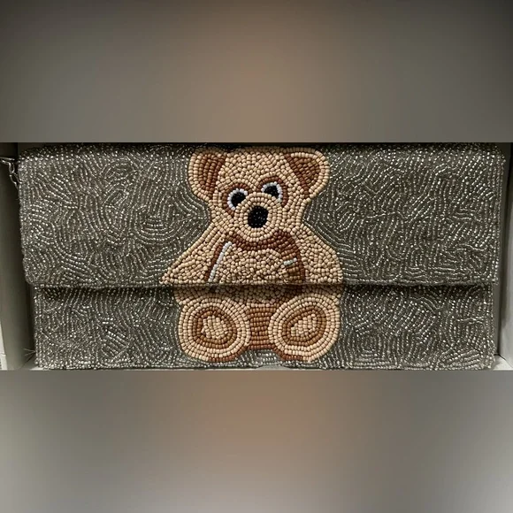 Rachel Zoe Beaded Teddy Clutch & Card Case Set - Silver with Tan Teddy - Picture 2 of 9